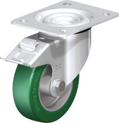 Blickle - 5" Diam x 1-37/64" Wide x 6-7/64" OAH Top Plate Mount Swivel Caster with Brake - Polyurethane-Elastomer Blickle Softhane, 770 Lb Capacity, Ball Bearing, 5-1/2 x 4-3/8" Plate - Eagle Tool & Supply