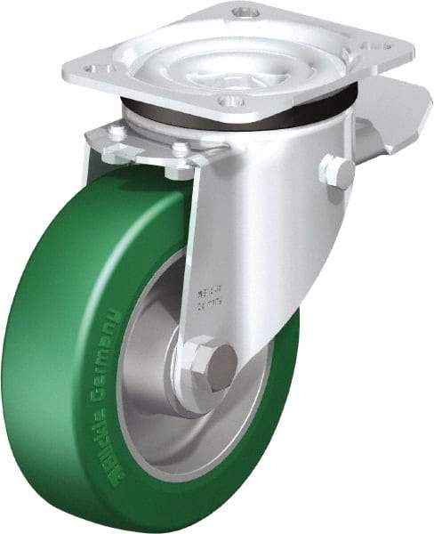 Blickle - 5" Diam x 1-37/64" Wide x 6-7/64" OAH Top Plate Mount Swivel Caster with Brake - Polyurethane-Elastomer Blickle Softhane, 770 Lb Capacity, Ball Bearing, 3-15/16 x 3-3/8" Plate - Eagle Tool & Supply