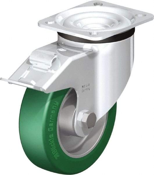 Blickle - 5" Diam x 1-37/64" Wide x 6-7/64" OAH Top Plate Mount Swivel Caster with Brake - Polyurethane-Elastomer Blickle Softhane, 770 Lb Capacity, Ball Bearing, 3-15/16 x 3-3/8" Plate - Eagle Tool & Supply