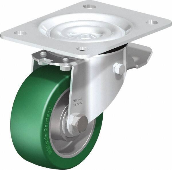 Blickle - 4" Diam x 1-37/64" Wide x 5-7/64" OAH Top Plate Mount Swivel Caster with Brake - Polyurethane-Elastomer Blickle Softhane, 660 Lb Capacity, Ball Bearing, 5-1/2 x 4-3/8" Plate - Eagle Tool & Supply