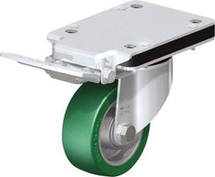 Blickle - 4" Diam x 1-37/64" Wide x 10-5/16" OAH Top Plate Mount Swivel Caster with Brake - Polyurethane-Elastomer Blickle Softhane, 660 Lb Capacity, Ball Bearing, 5-1/2 x 4-3/8" Plate - Eagle Tool & Supply