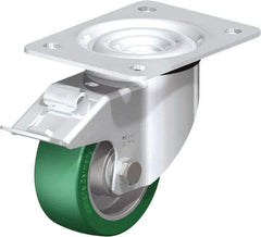 Blickle - 4" Diam x 1-37/64" Wide x 5-7/64" OAH Top Plate Mount Swivel Caster with Brake - Polyurethane-Elastomer Blickle Softhane, 660 Lb Capacity, Ball Bearing, 5-1/2 x 4-3/8" Plate - Eagle Tool & Supply