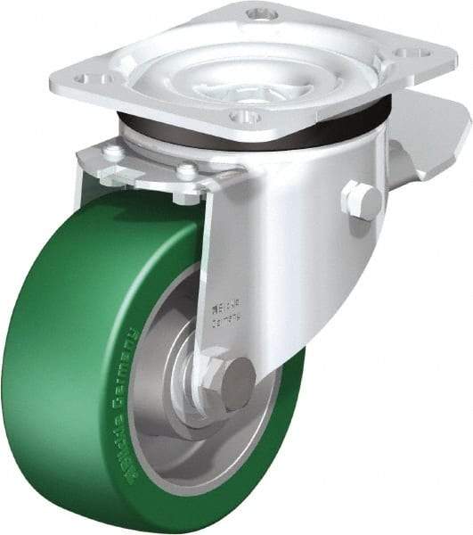 Blickle - 4" Diam x 1-37/64" Wide x 5-7/64" OAH Top Plate Mount Swivel Caster with Brake - Polyurethane-Elastomer Blickle Softhane, 660 Lb Capacity, Ball Bearing, 3-15/16 x 3-3/8" Plate - Eagle Tool & Supply