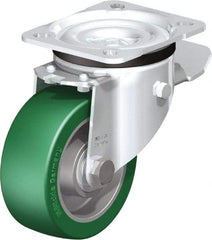 Blickle - 4" Diam x 1-37/64" Wide x 5-7/64" OAH Top Plate Mount Swivel Caster with Brake - Polyurethane-Elastomer Blickle Softhane, 660 Lb Capacity, Ball Bearing, 3-15/16 x 3-3/8" Plate - Eagle Tool & Supply