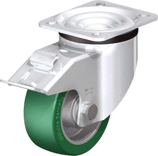 Blickle - 4" Diam x 1-37/64" Wide x 5-7/64" OAH Top Plate Mount Swivel Caster with Brake - Polyurethane-Elastomer Blickle Softhane, 660 Lb Capacity, Ball Bearing, 3-15/16 x 3-3/8" Plate - Eagle Tool & Supply