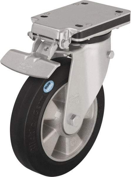 Blickle - 6-1/2" Diam x 1-31/32" Wide x 8-5/8" OAH Top Plate Mount Swivel Caster with Brake - Solid Rubber, 880 Lb Capacity, Ball Bearing, 5-1/2 x 4-3/8" Plate - Eagle Tool & Supply