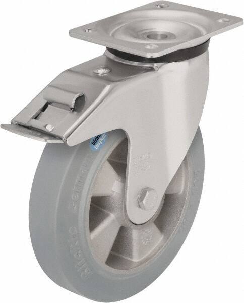 Blickle - 5" Diam x 1-31/32" Wide x 6-11/16" OAH Top Plate Mount Swivel Caster with Brake - Solid Rubber, 594 Lb Capacity, Ball Bearing, 5-1/2 x 4-3/8" Plate - Eagle Tool & Supply