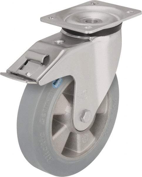 Blickle - 8" Diam x 1-31/32" Wide x 9-21/32" OAH Top Plate Mount Swivel Caster with Brake - Solid Rubber, 1,100 Lb Capacity, Ball Bearing, 5-1/2 x 4-3/8" Plate - Eagle Tool & Supply