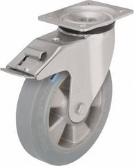 Blickle - 5" Diam x 1-31/32" Wide x 6-11/16" OAH Top Plate Mount Swivel Caster with Brake - Solid Rubber, 594 Lb Capacity, Ball Bearing, 5-1/2 x 4-3/8" Plate - Eagle Tool & Supply
