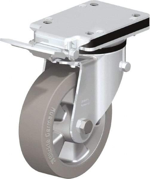 Blickle - 6-1/2" Diam x 1-31/32" Wide x 8-5/8" OAH Top Plate Mount Swivel Caster with Brake - Solid Rubber, 880 Lb Capacity, Ball Bearing, 5-1/2 x 4-3/8" Plate - Eagle Tool & Supply
