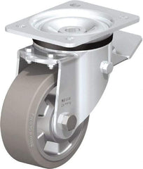 Blickle - 5" Diam x 1-31/32" Wide x 6-11/16" OAH Top Plate Mount Swivel Caster with Brake - Solid Rubber, 594 Lb Capacity, Ball Bearing, 5-1/2 x 4-3/8" Plate - Eagle Tool & Supply