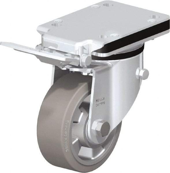Blickle - 5" Diam x 1-31/32" Wide x 7-23/64" OAH Top Plate Mount Swivel Caster with Brake - Solid Rubber, 594 Lb Capacity, Ball Bearing, 5-1/2 x 4-3/8" Plate - Eagle Tool & Supply