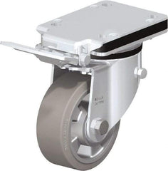 Blickle - 5" Diam x 1-31/32" Wide x 7-23/64" OAH Top Plate Mount Swivel Caster with Brake - Solid Rubber, 594 Lb Capacity, Ball Bearing, 5-1/2 x 4-3/8" Plate - Eagle Tool & Supply