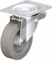 Blickle - 5" Diam x 1-37/64" Wide x 6-11/16" OAH Top Plate Mount Swivel Caster with Brake - Solid Rubber, 550 Lb Capacity, Ball Bearing, 5-1/2 x 4-3/8" Plate - Eagle Tool & Supply