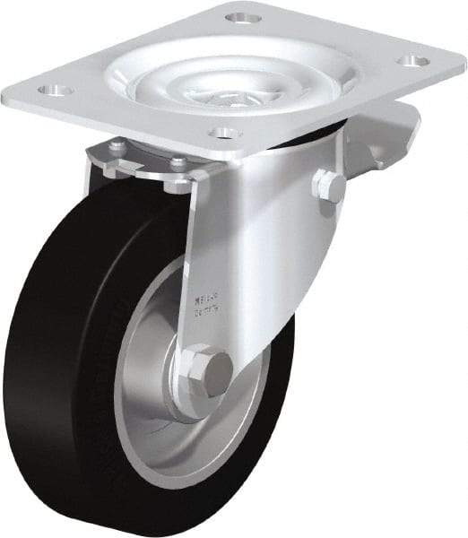Blickle - 5" Diam x 1-37/64" Wide x 6-7/64" OAH Top Plate Mount Swivel Caster with Brake - Solid Rubber, 550 Lb Capacity, Ball Bearing, 5-1/2 x 4-3/8" Plate - Eagle Tool & Supply