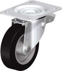 Blickle - 5" Diam x 1-37/64" Wide x 6-7/64" OAH Top Plate Mount Swivel Caster with Brake - Solid Rubber, 550 Lb Capacity, Ball Bearing, 5-1/2 x 4-3/8" Plate - Eagle Tool & Supply
