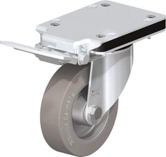Blickle - 5" Diam x 1-37/64" Wide x 7-49/64" OAH Top Plate Mount Swivel Caster with Brake - Solid Rubber, 550 Lb Capacity, Ball Bearing, 5-1/2 x 4-3/8" Plate - Eagle Tool & Supply