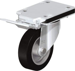 Blickle - 5" Diam x 1-37/64" Wide x 7-49/64" OAH Top Plate Mount Swivel Caster with Brake - Solid Rubber, 550 Lb Capacity, Ball Bearing, 5-1/2 x 4-3/8" Plate - Eagle Tool & Supply