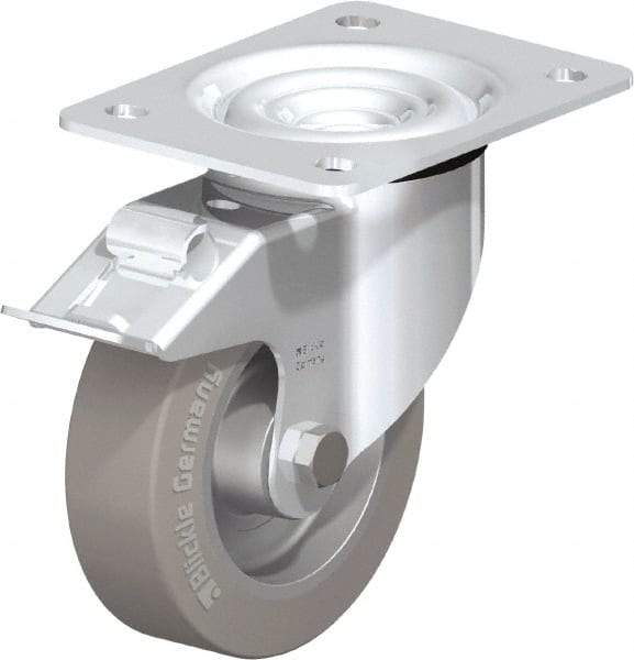 Blickle - 5" Diam x 1-37/64" Wide x 6-7/64" OAH Top Plate Mount Swivel Caster with Brake - Solid Rubber, 550 Lb Capacity, Ball Bearing, 5-1/2 x 4-3/8" Plate - Eagle Tool & Supply