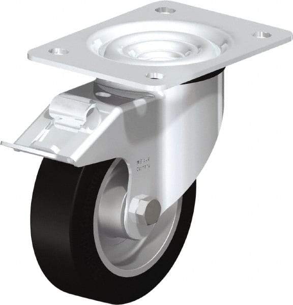 Blickle - 5" Diam x 1-37/64" Wide x 6-7/64" OAH Top Plate Mount Swivel Caster with Brake - Solid Rubber, 550 Lb Capacity, Ball Bearing, 5-1/2 x 4-3/8" Plate - Eagle Tool & Supply