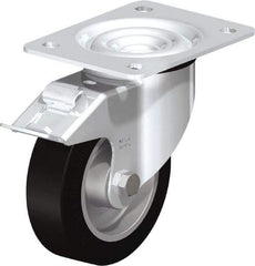 Blickle - 5" Diam x 1-37/64" Wide x 6-7/64" OAH Top Plate Mount Swivel Caster with Brake - Solid Rubber, 550 Lb Capacity, Ball Bearing, 5-1/2 x 4-3/8" Plate - Eagle Tool & Supply
