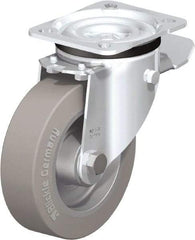 Blickle - 5" Diam x 1-37/64" Wide x 6-7/64" OAH Top Plate Mount Swivel Caster with Brake - Solid Rubber, 550 Lb Capacity, Ball Bearing, 3-15/16 x 3-3/8" Plate - Eagle Tool & Supply
