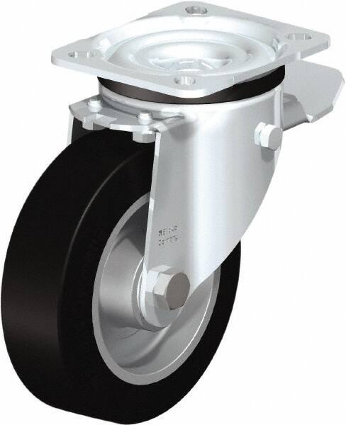 Blickle - 5" Diam x 1-37/64" Wide x 6-7/64" OAH Top Plate Mount Swivel Caster with Brake - Solid Rubber, 550 Lb Capacity, Ball Bearing, 3-15/16 x 3-3/8" Plate - Eagle Tool & Supply
