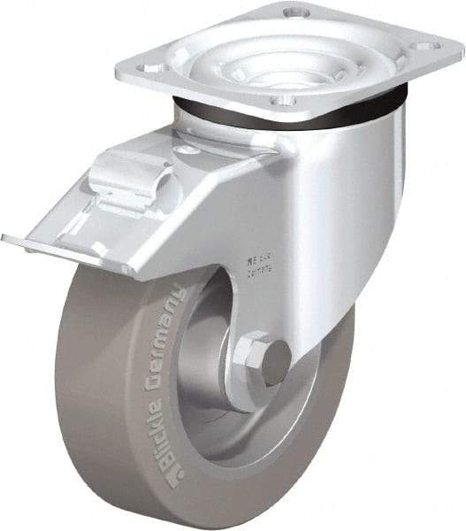 Blickle - 5" Diam x 1-37/64" Wide x 6-7/64" OAH Top Plate Mount Swivel Caster with Brake - Solid Rubber, 550 Lb Capacity, Ball Bearing, 3-15/16 x 3-3/8" Plate - Eagle Tool & Supply