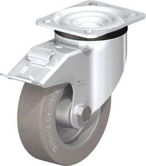 Blickle - 5" Diam x 1-37/64" Wide x 6-7/64" OAH Top Plate Mount Swivel Caster with Brake - Solid Rubber, 550 Lb Capacity, Ball Bearing, 3-15/16 x 3-3/8" Plate - Eagle Tool & Supply