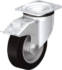 Blickle - 5" Diam x 1-37/64" Wide x 6-7/64" OAH Top Plate Mount Swivel Caster with Brake - Solid Rubber, 550 Lb Capacity, Ball Bearing, 3-15/16 x 3-3/8" Plate - Eagle Tool & Supply
