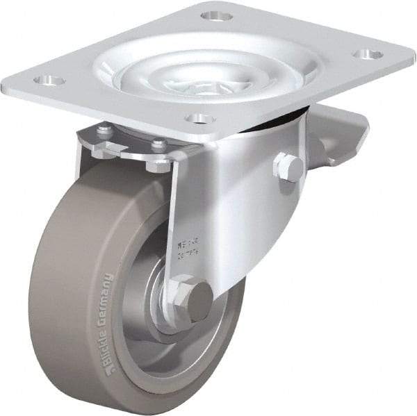 Blickle - 4" Diam x 1-37/64" Wide x 5-7/64" OAH Top Plate Mount Swivel Caster with Brake - Solid Rubber, 440 Lb Capacity, Ball Bearing, 5-1/2 x 4-3/8" Plate - Eagle Tool & Supply