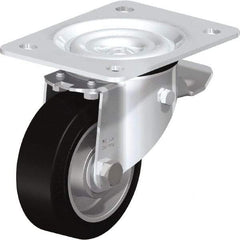 Blickle - 4" Diam x 1-37/64" Wide x 5-7/64" OAH Top Plate Mount Swivel Caster with Brake - Solid Rubber, 440 Lb Capacity, Ball Bearing, 5-1/2 x 4-3/8" Plate - Eagle Tool & Supply