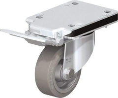 Blickle - 4" Diam x 1-37/64" Wide x 5-5/32" OAH Top Plate Mount Swivel Caster with Brake - Solid Rubber, 440 Lb Capacity, Ball Bearing, 5-1/2 x 4-3/8" Plate - Eagle Tool & Supply