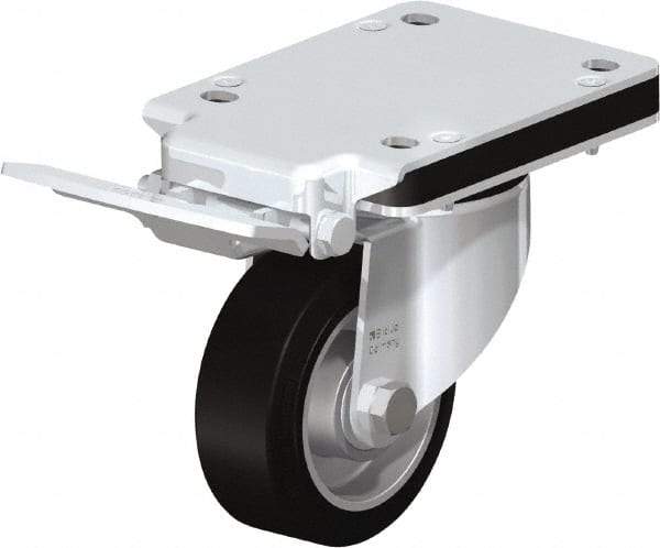 Blickle - 4" Diam x 1-37/64" Wide x 5-5/32" OAH Top Plate Mount Swivel Caster with Brake - Solid Rubber, 440 Lb Capacity, Ball Bearing, 5-1/2 x 4-3/8" Plate - Eagle Tool & Supply