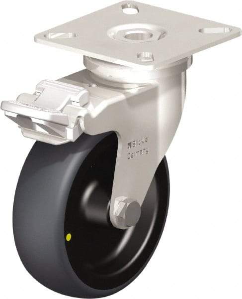 Blickle - 3" Diam x 63/64" Wide x 3-15/16" OAH Top Plate Mount Swivel Caster with Brake - Thermoplastic Rubber Elastomer (TPE), 110 Lb Capacity, Plain Bore Bearing, 2-3/8 x 2-3/8" Plate - Eagle Tool & Supply
