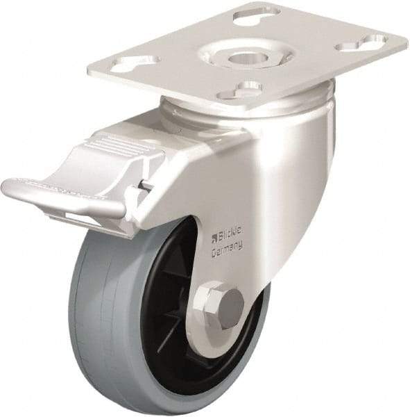 Blickle - 3" Diam x 63/64" Wide x 4-3/8" OAH Top Plate Mount Swivel Caster with Brake - Solid Rubber, 176 Lb Capacity, Plain Bore Bearing, 3-9/16 x 2-5/8" Plate - Eagle Tool & Supply