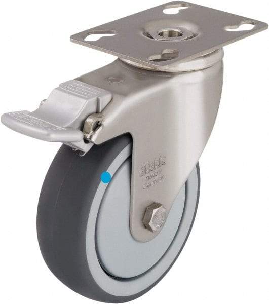 Blickle - 3" Diam x 1-1/4" Wide x 4-3/8" OAH Top Plate Mount Swivel Caster with Brake - Thermoplastic Rubber Elastomer (TPE), 220 Lb Capacity, Ball Bearing, 3-9/16 x 2-5/8" Plate - Eagle Tool & Supply