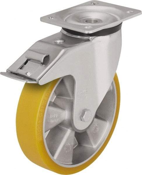 Blickle - 8" Diam x 1-31/32" Wide x 9-41/64" OAH Top Plate Mount Swivel Caster with Brake - Polyurethane-Elastomer Blickle Extrathane, 1,320 Lb Capacity, Ball Bearing, 5-1/2 x 4-3/8" Plate - Eagle Tool & Supply