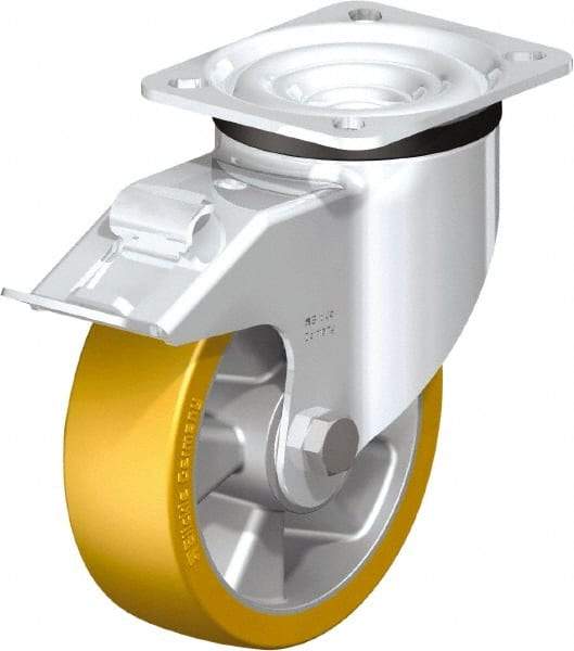 Blickle - 5" Diam x 1-9/16" Wide x 6-7/64" OAH Top Plate Mount Swivel Caster with Brake - Polyurethane-Elastomer Blickle Extrathane, 770 Lb Capacity, Ball Bearing, 3-15/16 x 3-3/8" Plate - Eagle Tool & Supply
