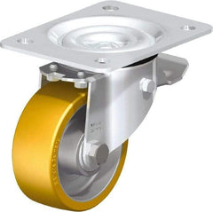 Blickle - 4" Diam x 1-9/16" Wide x 5-7/64" OAH Top Plate Mount Swivel Caster with Brake - Polyurethane-Elastomer Blickle Extrathane, 550 Lb Capacity, Ball Bearing, 5-1/2 x 4-3/8" Plate - Eagle Tool & Supply