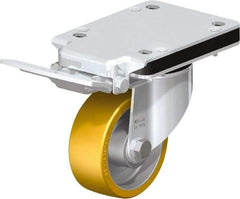 Blickle - 4" Diam x 1-9/16" Wide x 5-25/32" OAH Top Plate Mount Swivel Caster with Brake - Polyurethane-Elastomer Blickle Extrathane, 550 Lb Capacity, Ball Bearing, 5-1/2 x 4-3/8" Plate - Eagle Tool & Supply