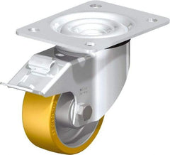 Blickle - 4" Diam x 1-9/16" Wide x 5-7/64" OAH Top Plate Mount Swivel Caster with Brake - Polyurethane-Elastomer Blickle Extrathane, 550 Lb Capacity, Ball Bearing, 5-1/2 x 4-3/8" Plate - Eagle Tool & Supply