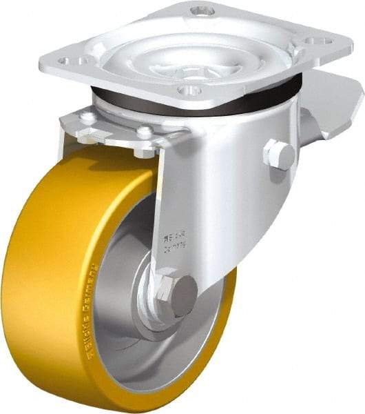 Blickle - 4" Diam x 1-9/16" Wide x 5-7/64" OAH Top Plate Mount Swivel Caster with Brake - Polyurethane-Elastomer Blickle Extrathane, 550 Lb Capacity, Ball Bearing, 3-15/16 x 3-3/8" Plate - Eagle Tool & Supply