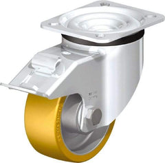Blickle - 4" Diam x 1-9/16" Wide x 5-7/64" OAH Top Plate Mount Swivel Caster with Brake - Polyurethane-Elastomer Blickle Extrathane, 550 Lb Capacity, Ball Bearing, 3-15/16 x 3-3/8" Plate - Eagle Tool & Supply