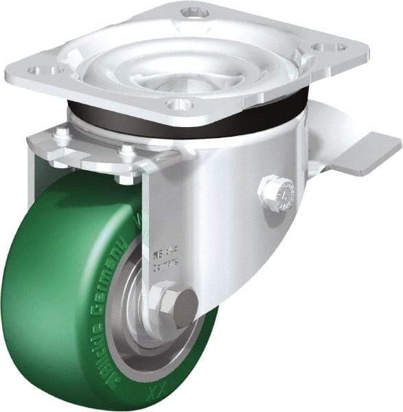 Blickle - 3" Diam x 1-9/16" Wide x 4-21/64" OAH Top Plate Mount Swivel Caster with Brake - Polyurethane-Elastomer Blickle Softhane, 506 Lb Capacity, Ball Bearing, 3-15/16 x 3-3/8" Plate - Eagle Tool & Supply