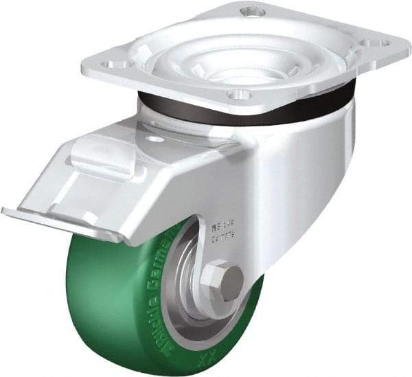 Blickle - 3" Diam x 1-9/16" Wide x 4-21/64" OAH Top Plate Mount Swivel Caster with Brake - Polyurethane-Elastomer Blickle Softhane, 506 Lb Capacity, Ball Bearing, 3-15/16 x 3-3/8" Plate - Eagle Tool & Supply