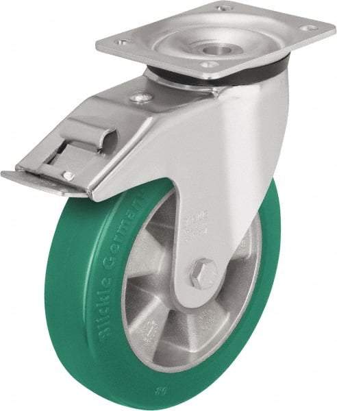 Blickle - 6" Diam x 2-1/8" Wide x 7-3/4" OAH Top Plate Mount Swivel Caster with Brake - Polyurethane-Elastomer Blickle Softhane, 1,100 Lb Capacity, Ball Bearing, 5-1/2 x 4-3/8" Plate - Eagle Tool & Supply