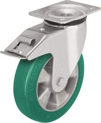 Blickle - 6" Diam x 2-1/8" Wide x 7-3/4" OAH Top Plate Mount Swivel Caster with Brake - Polyurethane-Elastomer Blickle Softhane, 1,100 Lb Capacity, Ball Bearing, 5-1/2 x 4-3/8" Plate - Eagle Tool & Supply
