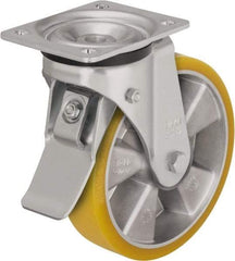 Blickle - 5" Diam x 2-1/8" Wide x 6-11/16" OAH Top Plate Mount Swivel Caster with Brake - Polyurethane-Elastomer Blickle Extrathane, 990 Lb Capacity, Ball Bearing, 5-1/2 x 4-3/8" Plate - Eagle Tool & Supply