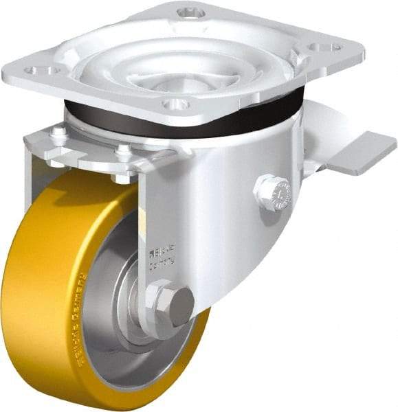Blickle - 3" Diam x 1-11/64" Wide x 4-21/64" OAH Top Plate Mount Swivel Caster with Brake - Polyurethane-Elastomer Blickle Extrathane, 396 Lb Capacity, Ball Bearing, 3-15/16 x 3-3/8" Plate - Eagle Tool & Supply